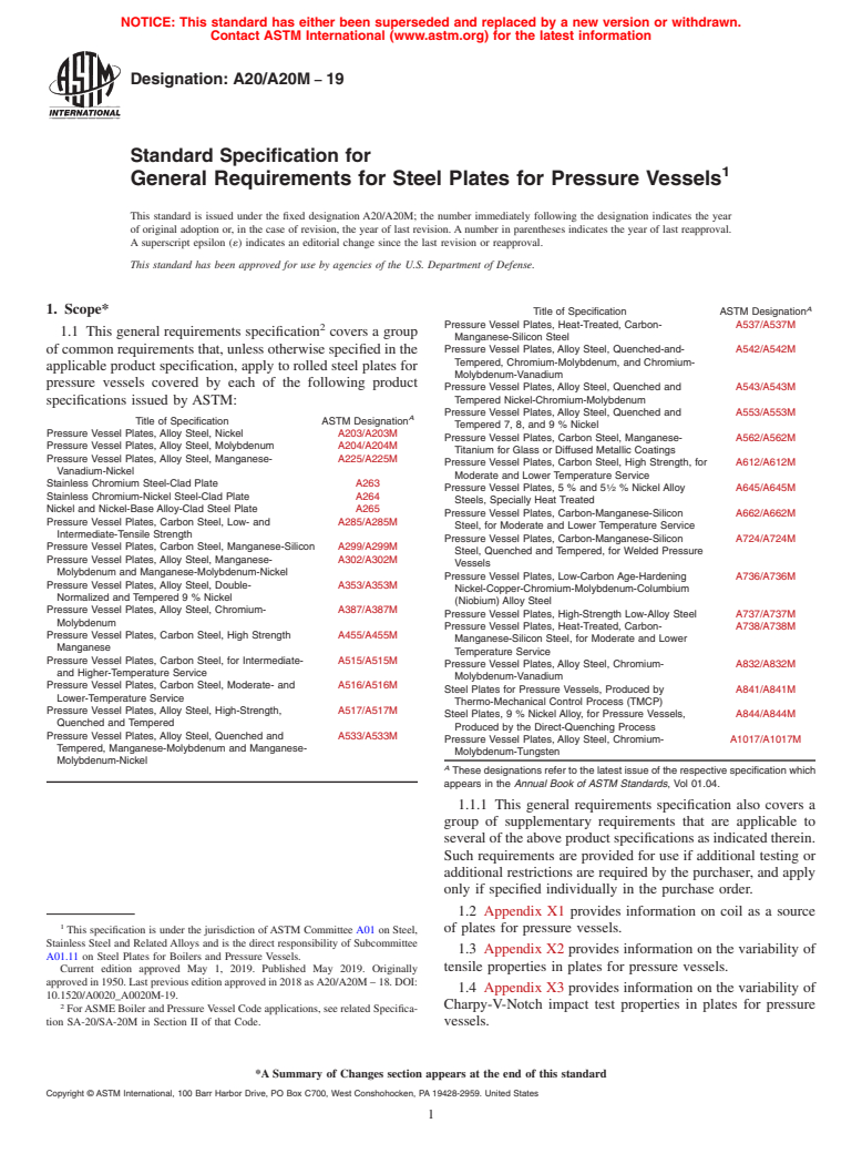 ASTM A20/A20M-19 - Standard Specification for  General Requirements for Steel Plates for Pressure Vessels