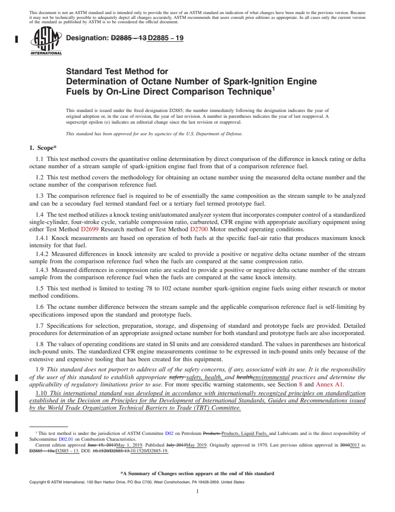 REDLINE ASTM D2885-19 - Standard Test Method for  Determination of Octane Number of Spark-Ignition Engine Fuels  by On-Line Direct Comparison Technique