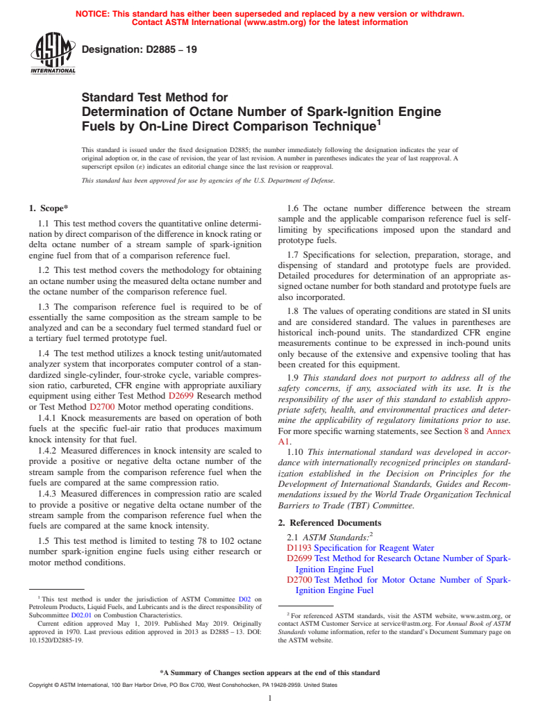 ASTM D2885-19 - Standard Test Method for  Determination of Octane Number of Spark-Ignition Engine Fuels  by On-Line Direct Comparison Technique