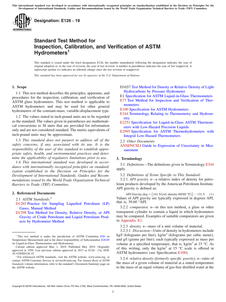 ASTM E126-19 - Standard Test Method for  Inspection, Calibration, and Verification of ASTM Hydrometers