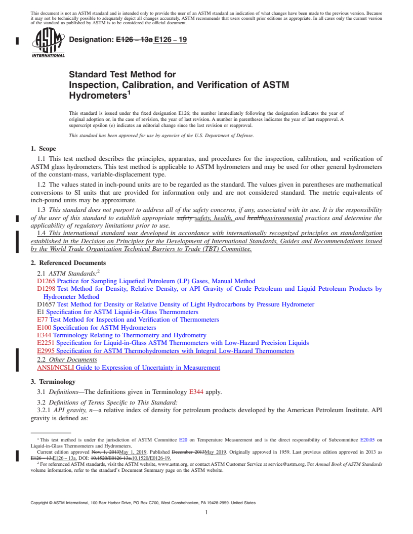 REDLINE ASTM E126-19 - Standard Test Method for  Inspection, Calibration, and Verification of ASTM Hydrometers