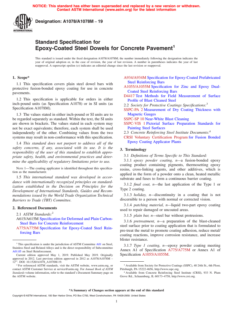 ASTM A1078/A1078M-19 - Standard Specification for  Epoxy-Coated Steel Dowels for Concrete Pavement