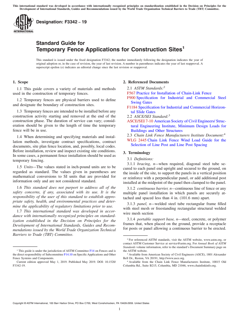 ASTM F3342-19 - Standard Guide for Temporary Fence Applications for Construction Sites