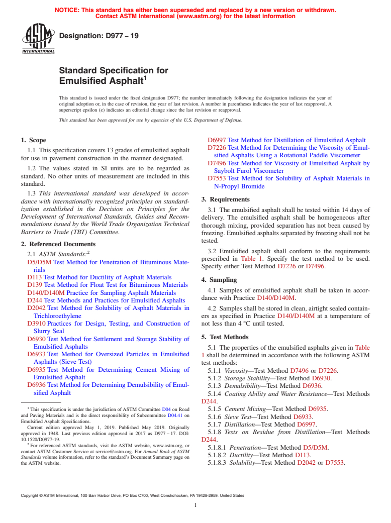 ASTM D977-19 - Standard Specification for  Emulsified Asphalt