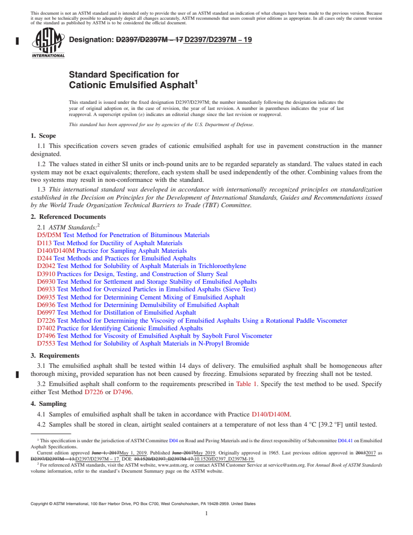 REDLINE ASTM D2397/D2397M-19 - Standard Specification for  Cationic Emulsified Asphalt