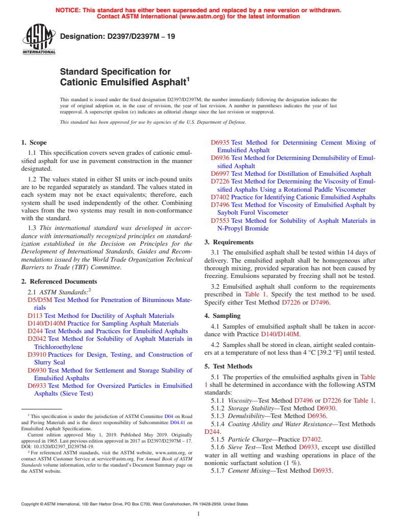 ASTM D2397/D2397M-19 - Standard Specification for  Cationic Emulsified Asphalt