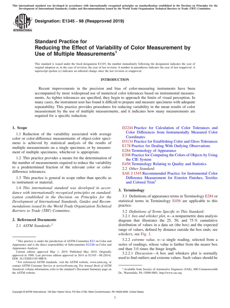 ASTM E1345-98(2019) - Standard Practice for Reducing the Effect of Variability of Color Measurement by   Use of Multiple    Measurements