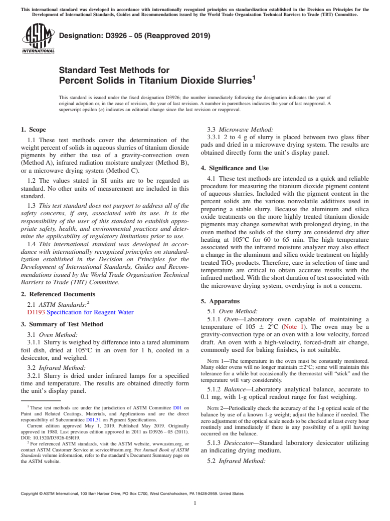 ASTM D3926-05(2019) - Standard Test Methods for Percent Solids in Titanium Dioxide Slurries