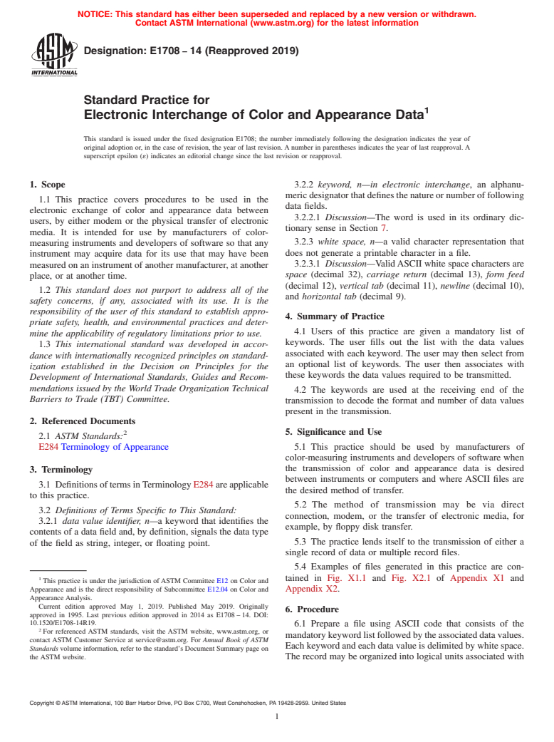 ASTM E1708-14(2019) - Standard Practice for Electronic Interchange of Color and Appearance Data