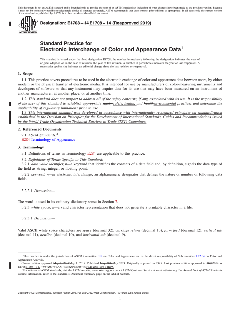 REDLINE ASTM E1708-14(2019) - Standard Practice for Electronic Interchange of Color and Appearance Data