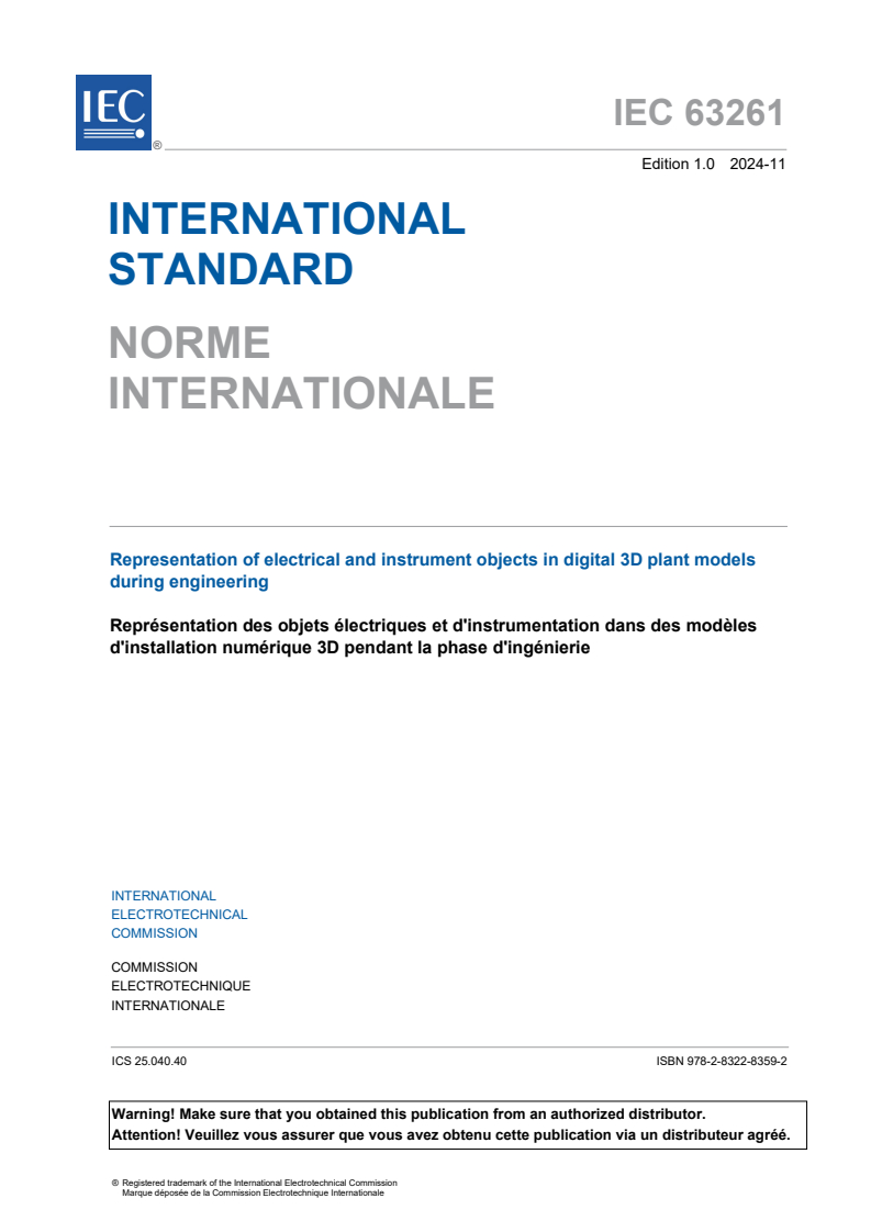 IEC 63261:2024 - Representation of electrical and instrument objects in digital 3D plant models during engineering
Released:13. 11. 2024
Isbn:9782832283592