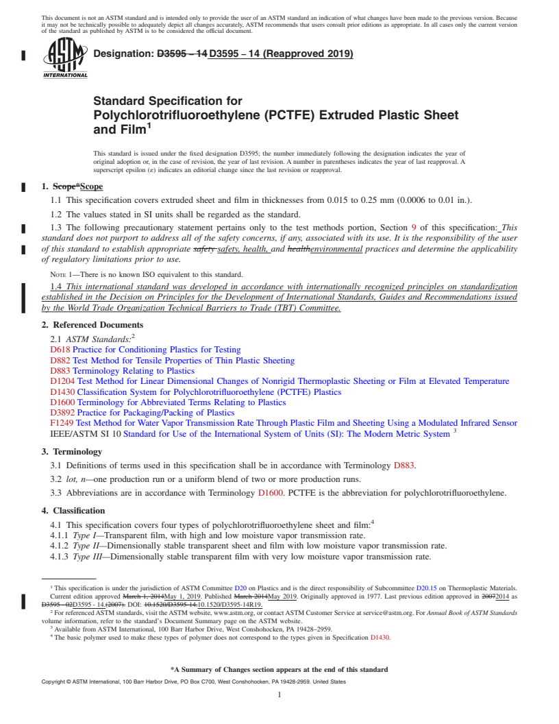 REDLINE ASTM D3595-14(2019) - Standard Specification for  Polychlorotrifluoroethylene (PCTFE) Extruded Plastic Sheet  and Film