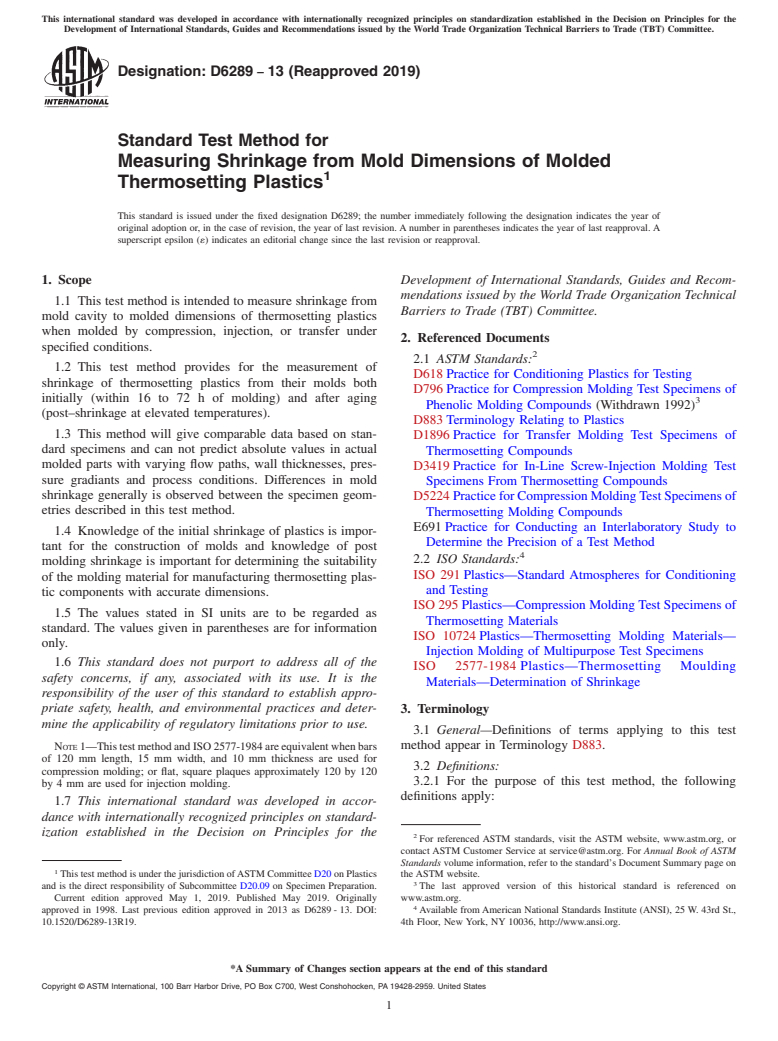 ASTM D6289-13(2019) - Standard Test Method for  Measuring Shrinkage from Mold Dimensions of Molded Thermosetting  Plastics