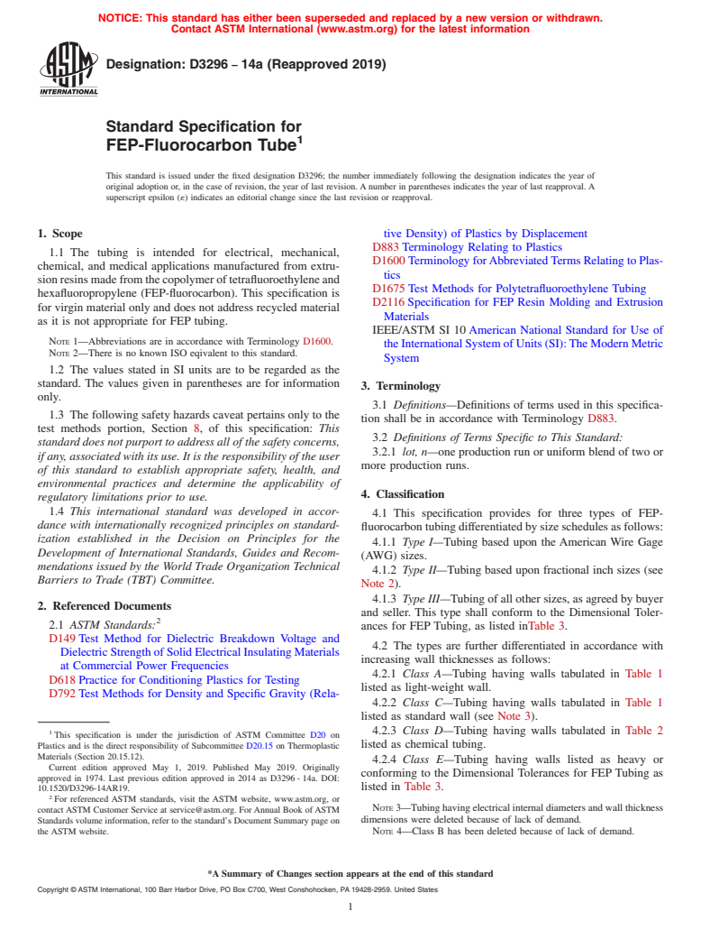 ASTM D3296-14a(2019) - Standard Specification for  FEP-Fluorocarbon Tube