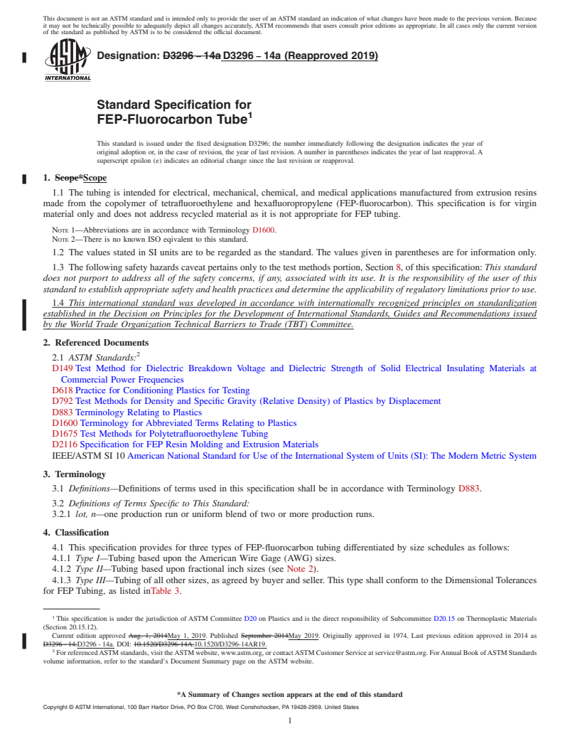 REDLINE ASTM D3296-14a(2019) - Standard Specification for  FEP-Fluorocarbon Tube