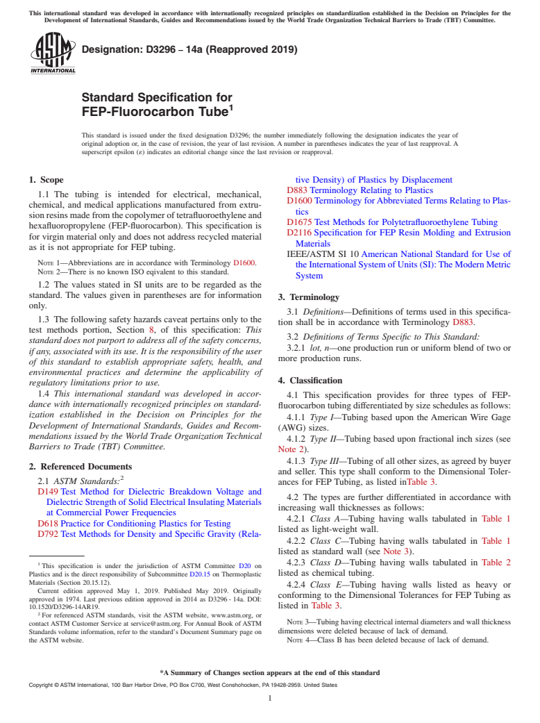 ASTM D3296-14a(2019) - Standard Specification for  FEP-Fluorocarbon Tube