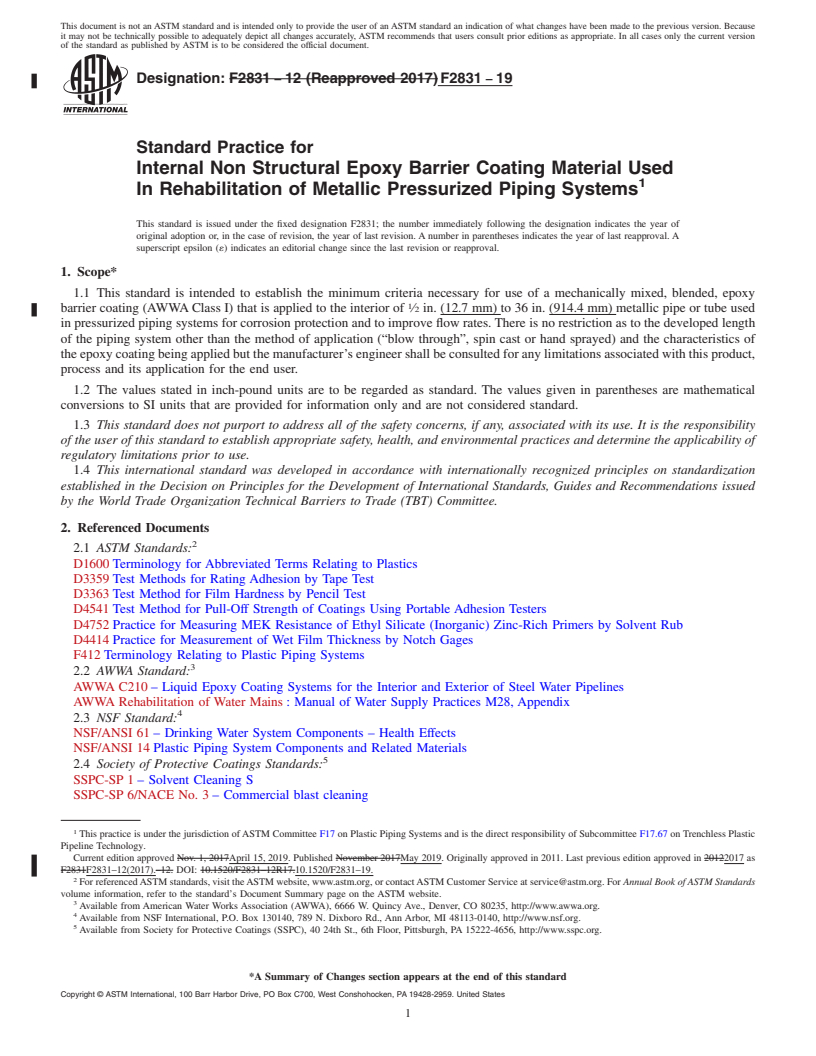 REDLINE ASTM F2831-19 - Standard Practice for   Internal Non Structural Epoxy Barrier Coating Material Used   In Rehabilitation of Metallic Pressurized Piping Systems