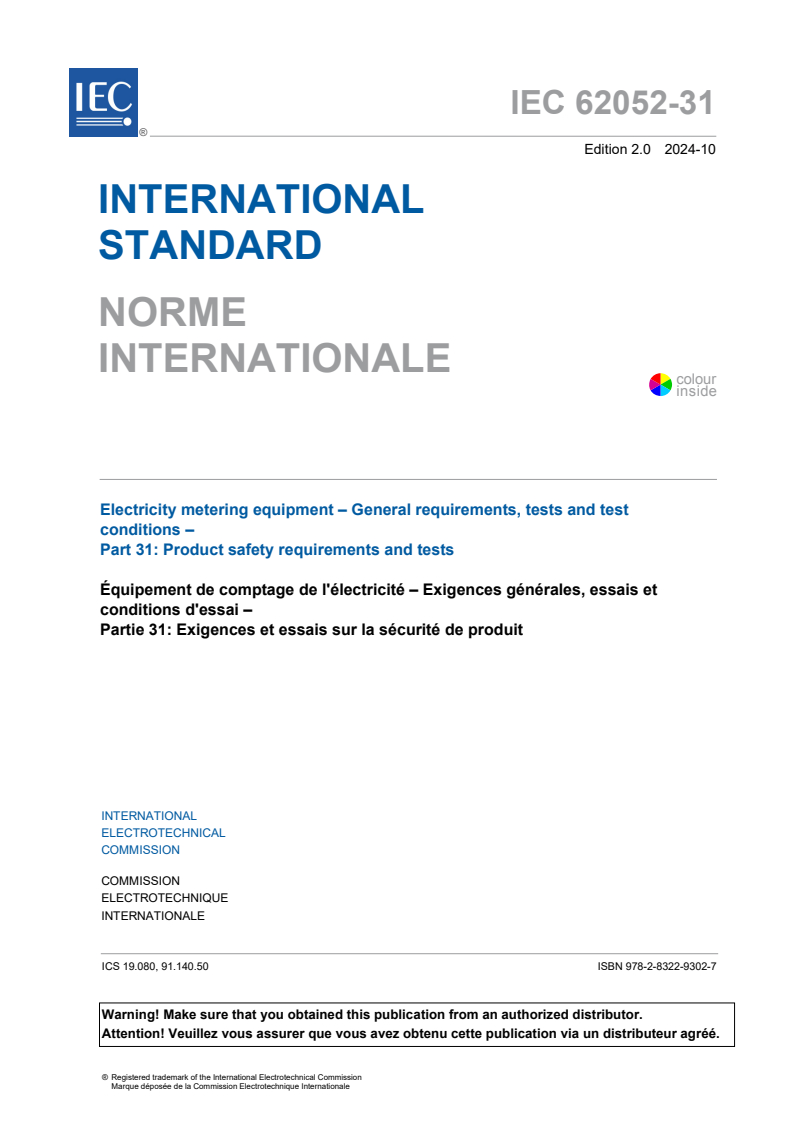 IEC 62052-31:2024 - Electricity metering equipment - General requirements, tests and test conditions - Part 31: Product safety requirements and tests
Released:25. 10. 2024
Isbn:9782832293027