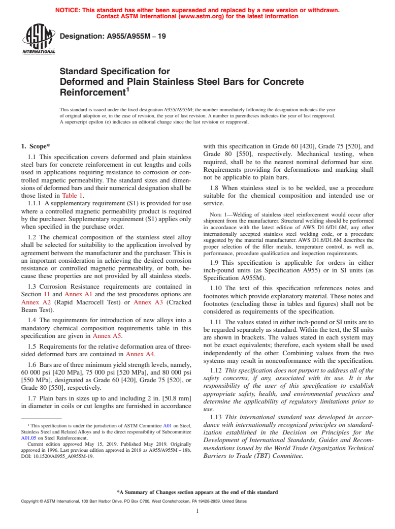 ASTM A955/A955M-19 - Standard Specification for  Deformed and Plain Stainless Steel Bars for Concrete Reinforcement