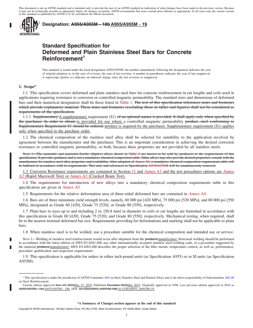 REDLINE ASTM A955/A955M-19 - Standard Specification for  Deformed and Plain Stainless Steel Bars for Concrete Reinforcement
