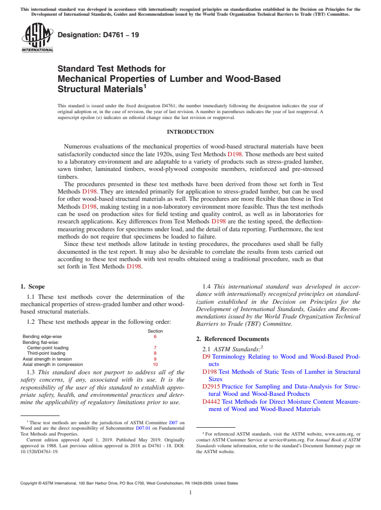 ASTM D4761-19 - Standard Test Methods for Mechanical Properties of Lumber and Wood-Based Structural Materials