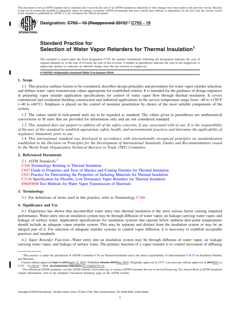 REDLINE ASTM C755-19 - Standard Practice for Selection of Water Vapor Retarders for Thermal Insulation