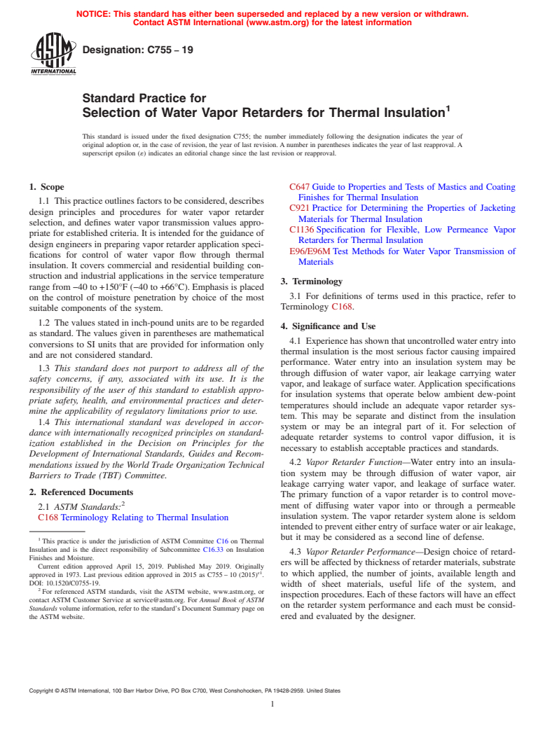 ASTM C755-19 - Standard Practice for Selection of Water Vapor Retarders for Thermal Insulation