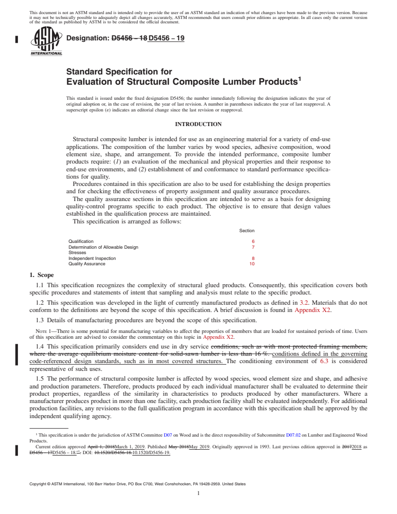 REDLINE ASTM D5456-19 - Standard Specification for Evaluation of Structural Composite Lumber Products