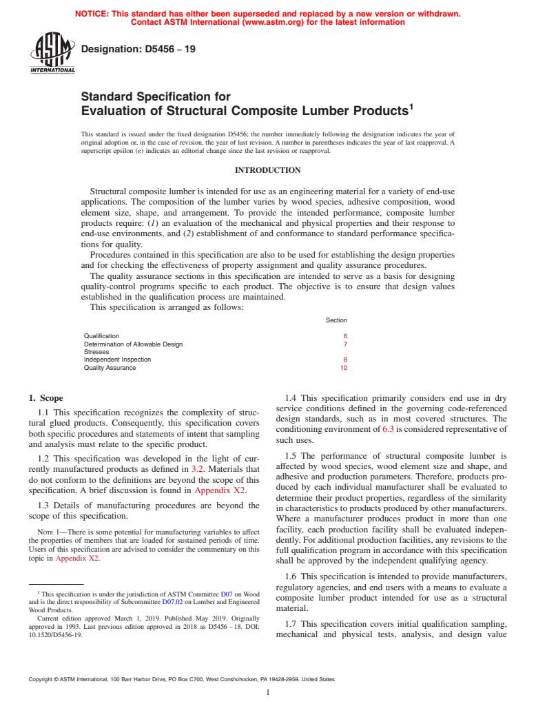 ASTM D5456-19 - Standard Specification for Evaluation of Structural Composite Lumber Products