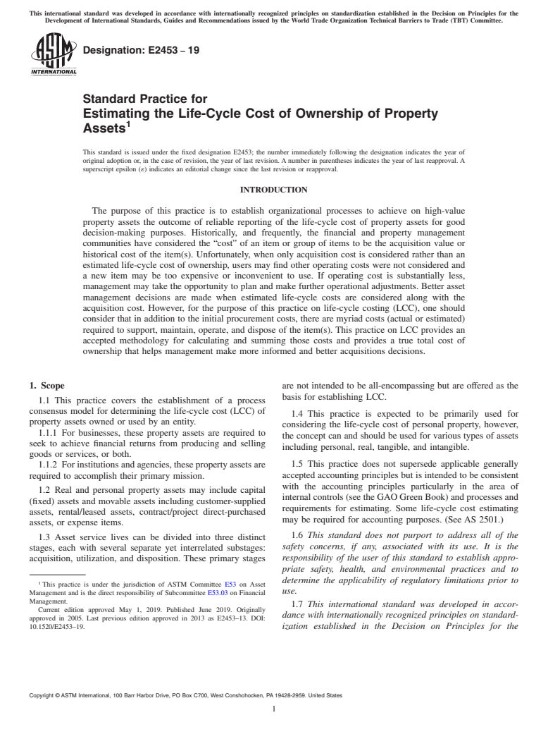 ASTM E2453-19 - Standard Practice for Estimating the Life-Cycle Cost of Ownership of Property Assets