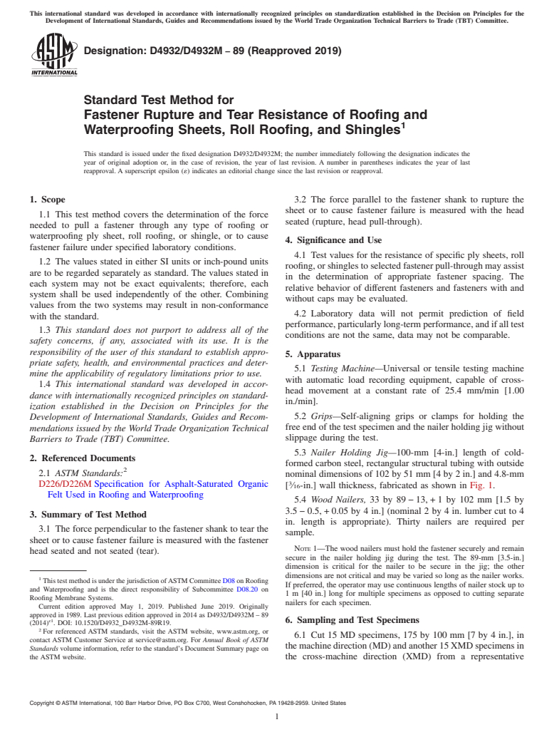 ASTM D4932/D4932M-89(2019) - Standard Test Method for  Fastener Rupture and Tear Resistance of Roofing and Waterproofing  Sheets, Roll Roofing, and Shingles