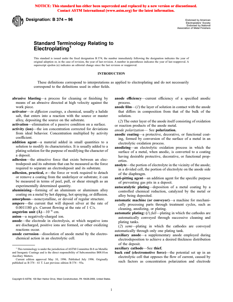 ASTM B374-96 - Standard Terminology Relating to Electroplating