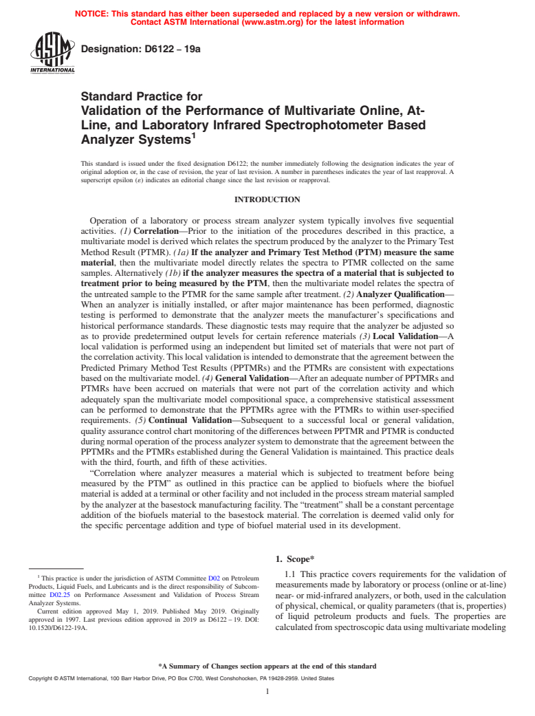 ASTM D6122-19a - Standard Practice for Validation of the Performance of Multivariate Online, At-Line,   and Laboratory Infrared Spectrophotometer Based Analyzer Systems