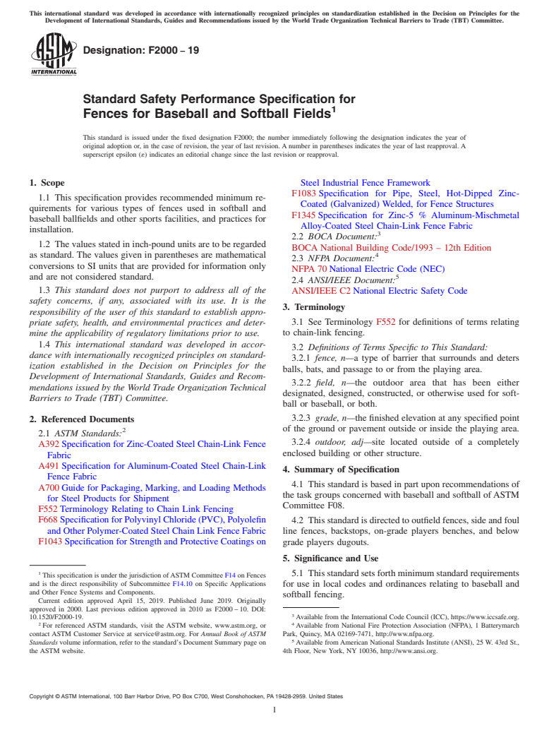 ASTM F2000-19 - Standard Safety Performance Specification for Fences for Baseball and Softball Fields