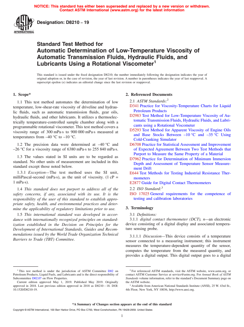 ASTM D8210-19 - Standard Test Method for Automatic Determination of Low-Temperature Viscosity of Automatic  Transmission Fluids, Hydraulic Fluids, and Lubricants Using a Rotational  Viscometer