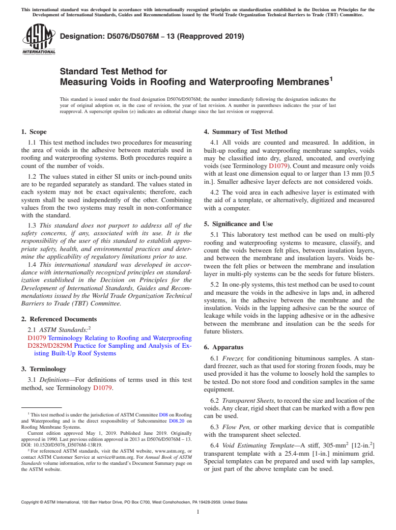 ASTM D5076/D5076M-13(2019) - Standard Test Method for  Measuring Voids in Roofing and Waterproofing Membranes