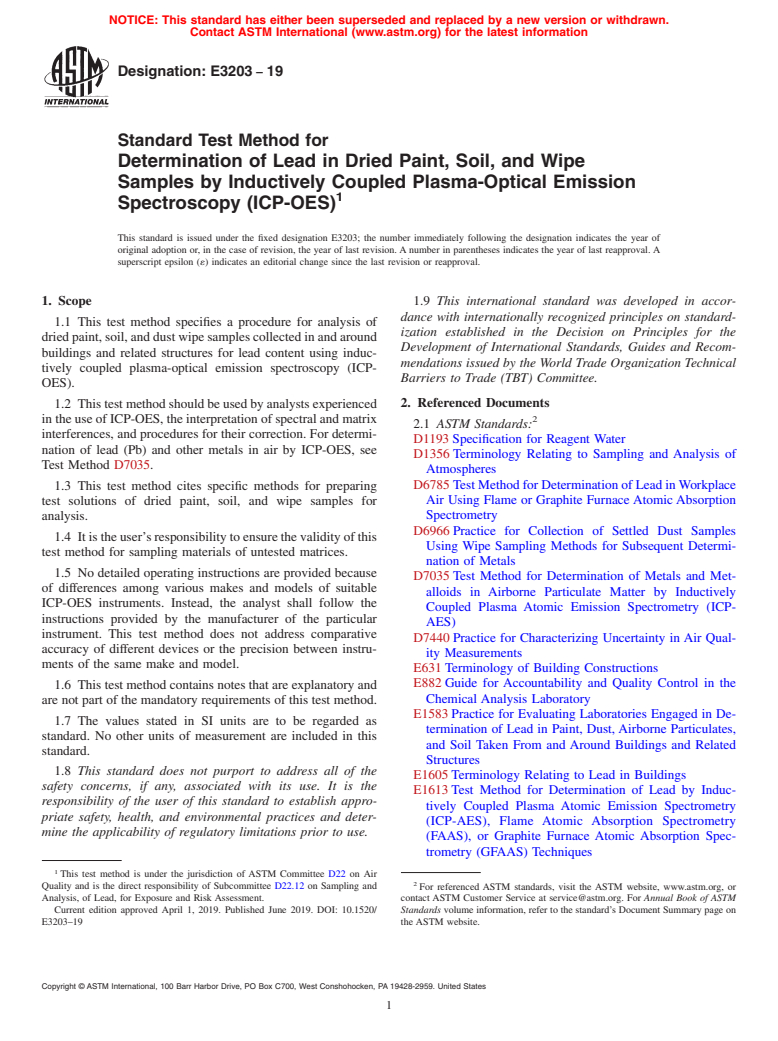 ASTM E3203-19 - Standard Test Method for Determination of Lead in Dried Paint, Soil, and Wipe Samples  by Inductively Coupled Plasma-Optical Emission Spectroscopy (ICP-OES)