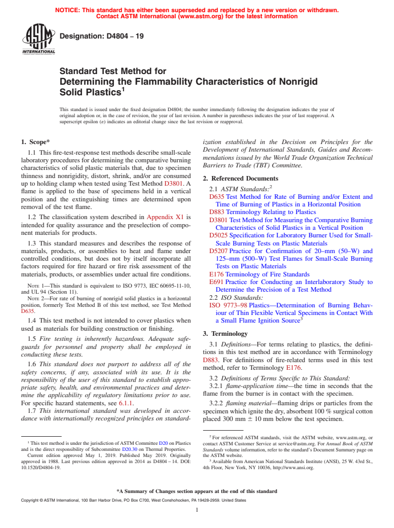 ASTM D4804-19 - Standard Test Method for  Determining the Flammability Characteristics of Nonrigid Solid  Plastics