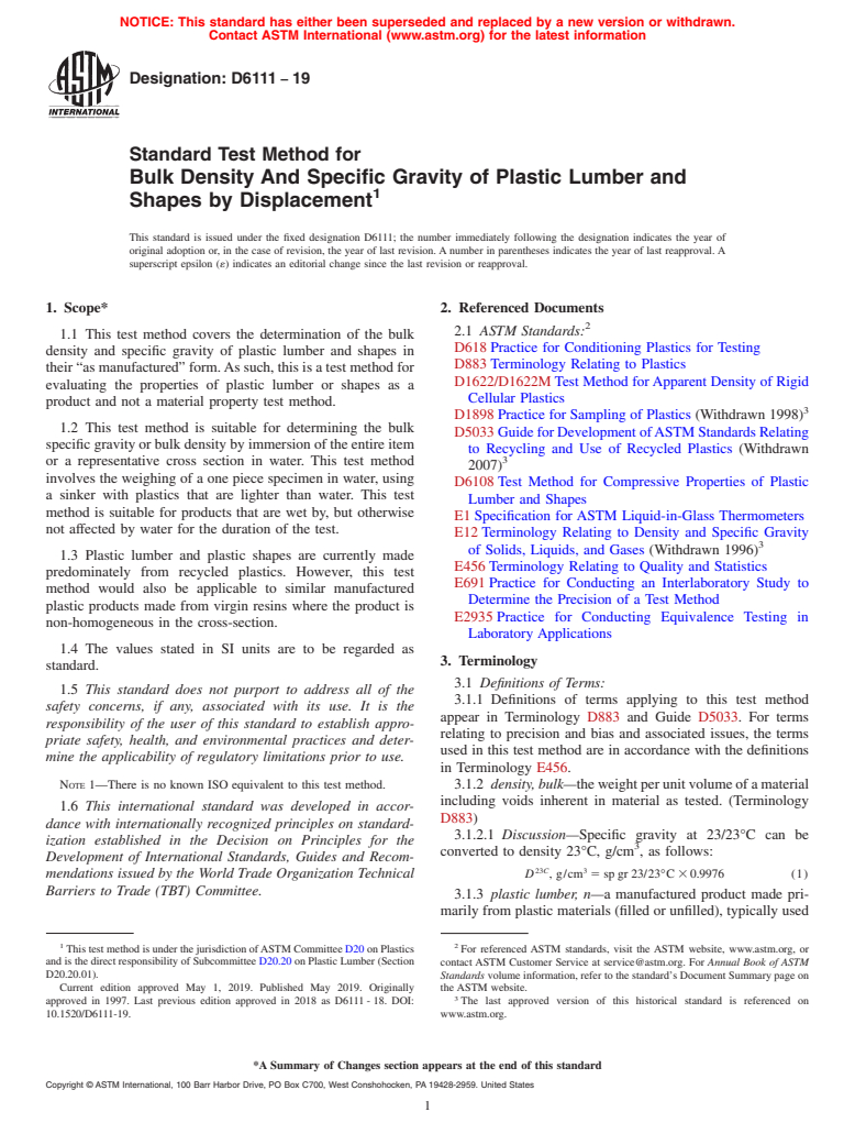 ASTM D6111-19 - Standard Test Method for Bulk Density And Specific Gravity of Plastic Lumber and Shapes  by Displacement