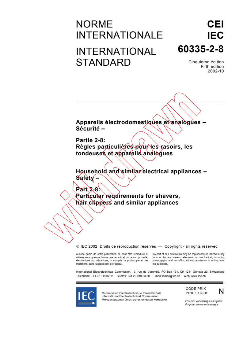 IEC 60335-2-8:2002 - Household and similar electrical appliances - Safety - Part 2-8: Particular requirements for shavers, hair clippers and similar appliances
Released:10/22/2002
Isbn:2831879175