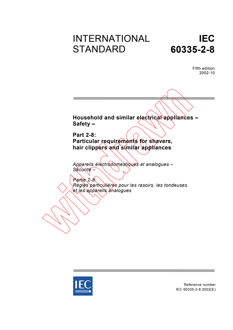 IEC 60335-2-8:2002 - Household and similar electrical appliances - Safety - Part 2-8: Particular requirements for shavers, hair clippers and similar appliances
Released:10/22/2002
Isbn:2831866618