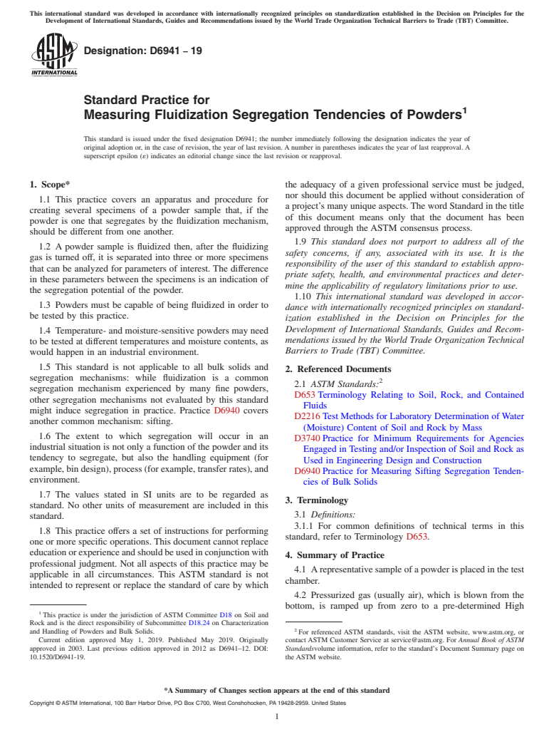 ASTM D6941-19 - Standard Practice for Measuring Fluidization Segregation Tendencies of Powders
