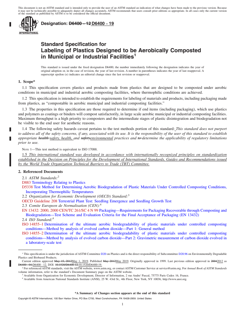 REDLINE ASTM D6400-19 - Standard Specification for  Labeling of Plastics Designed to be Aerobically Composted in  Municipal or Industrial Facilities