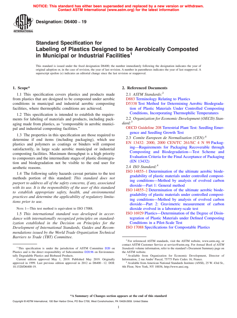 ASTM D6400-19 - Standard Specification for  Labeling of Plastics Designed to be Aerobically Composted in  Municipal or Industrial Facilities