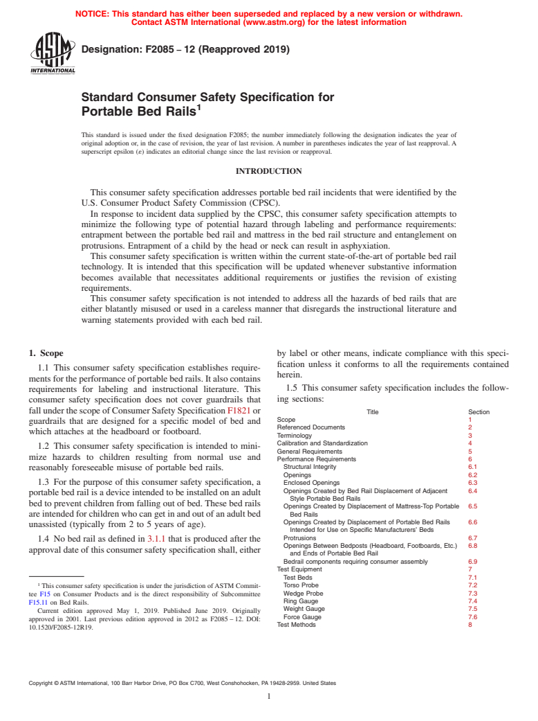 ASTM F2085-12(2019) - Standard Consumer Safety Specification for Portable Bed Rails