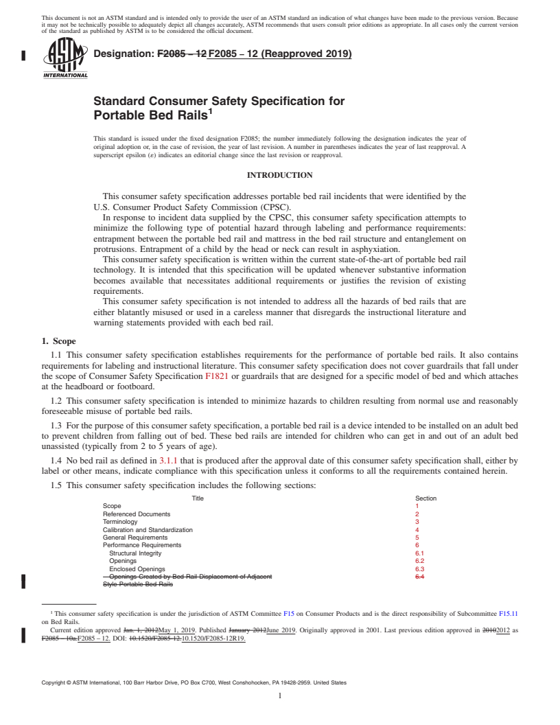 REDLINE ASTM F2085-12(2019) - Standard Consumer Safety Specification for Portable Bed Rails