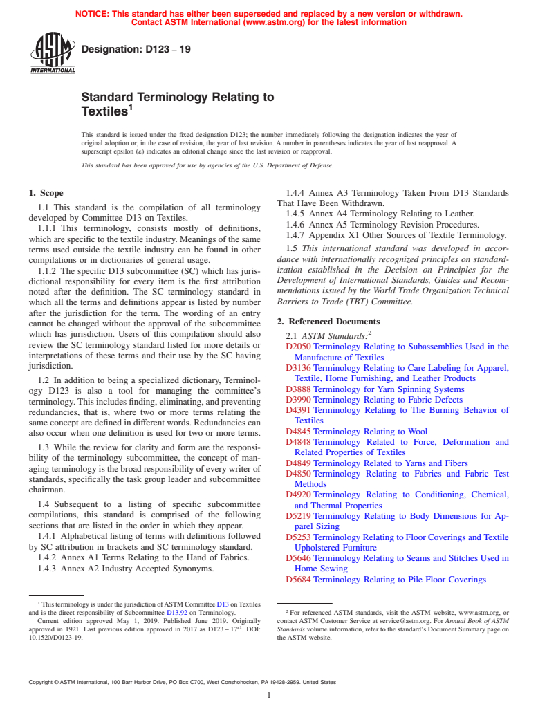 ASTM D123-19 - Standard Terminology Relating to  Textiles