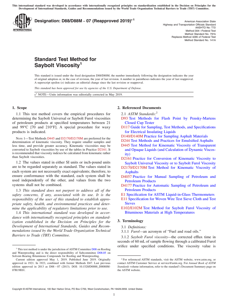 ASTM D88/D88M-07(2019)e1 - Standard Test Method for  Saybolt Viscosity