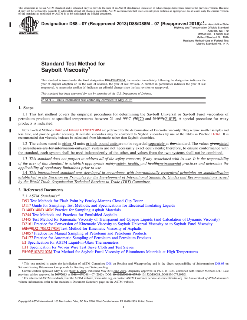 REDLINE ASTM D88/D88M-07(2019)e1 - Standard Test Method for  Saybolt Viscosity