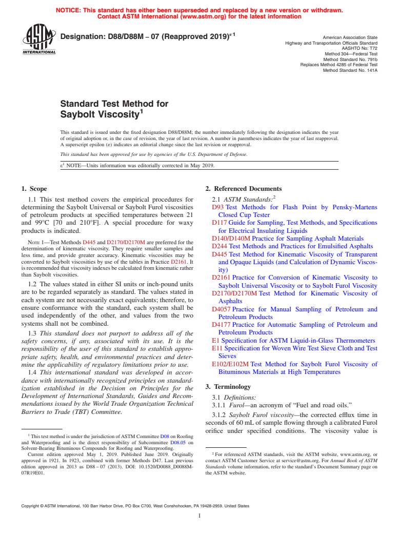 ASTM D88/D88M-07(2019)e1 - Standard Test Method for  Saybolt Viscosity